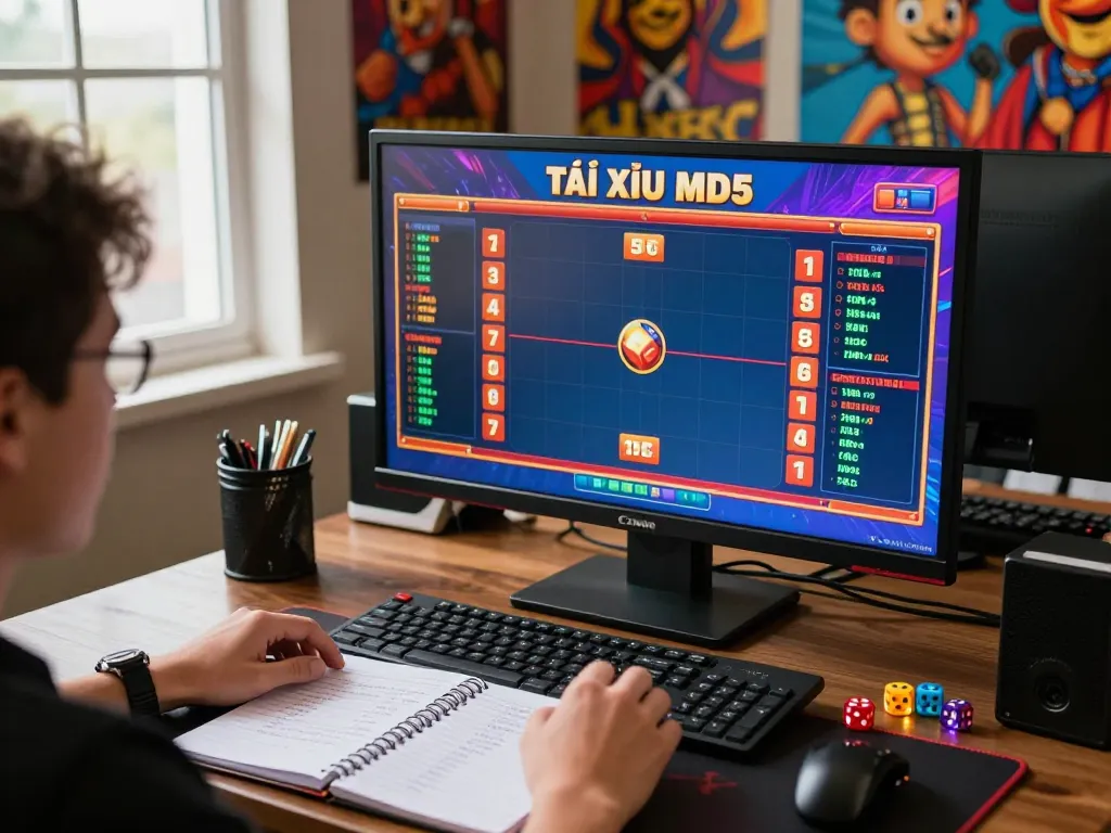 Tài xỉu MD5 gaming session with vibrant screens and dice, capturing excitement.