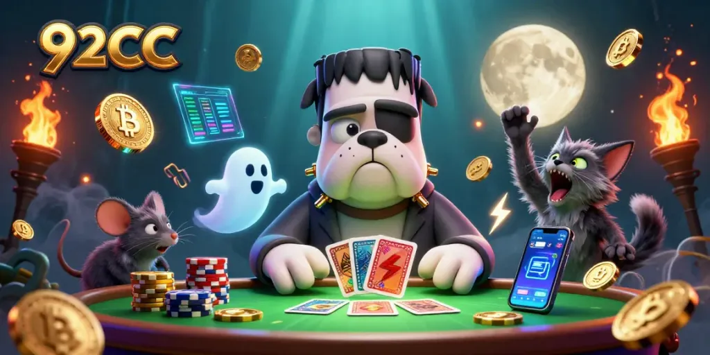 Engage with 92CC cards and chips as a Frankenstein bulldog hosts a unique gaming experience.