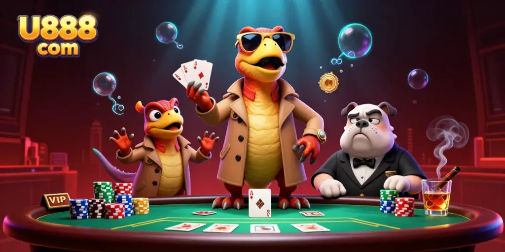 Engage in thrilling gameplay at U888 com with cartoon raptors trying to enter a VIP lounge among poker elements.