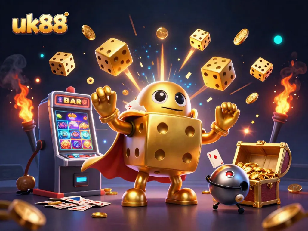 Experience thrilling bets with uk88's 3D golden dice golem amidst a vibrant casino celebration.
