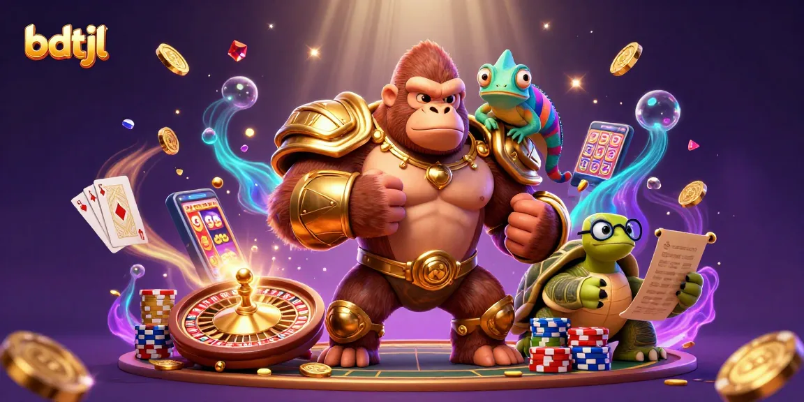 Experience the excitement of bdtjl with a vibrant 3D casino illustration featuring a gorilla king and colorful game elements.