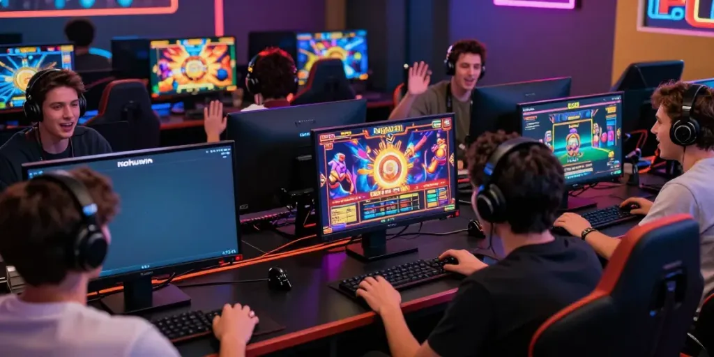Nohuwin players enjoying various slot games in a vibrant gaming environment