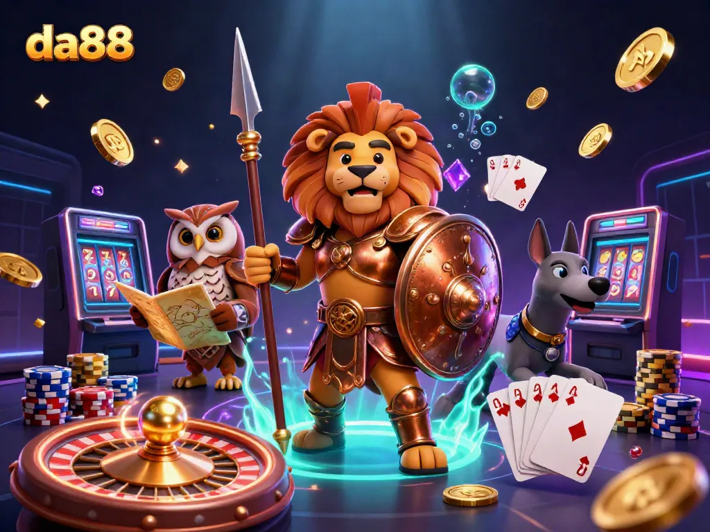 Experience thrilling gaming with da88, featuring an epic casino showdown in a vibrant 3D scene.