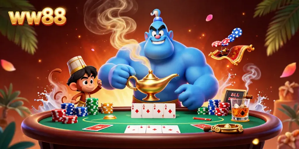 Experience thrilling poker action with ww88's vibrant 3D genie scene featuring lush gambling elements.
