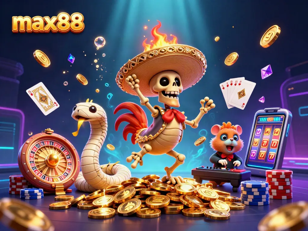 Experience max88 thrills with a dynamic casino scene featuring vibrant characters and games.