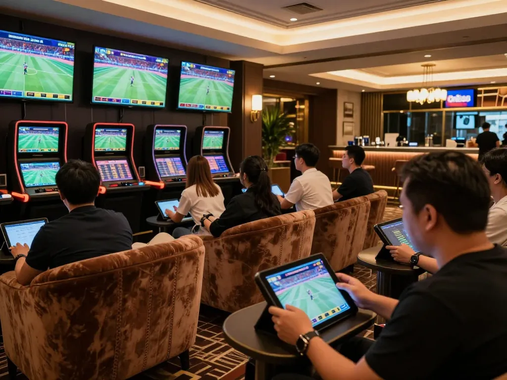 Engaged sports bettors enjoying a premium experience at ONE88's elegant lounge, placing strategic bets.