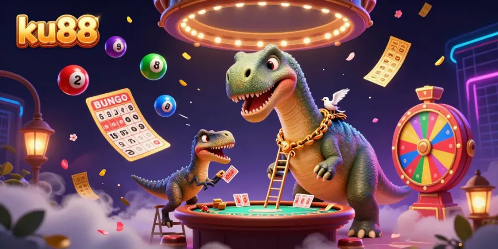 Experience thrilling moments at ku88 casino with vibrant games and fun characters in this lively illustration.