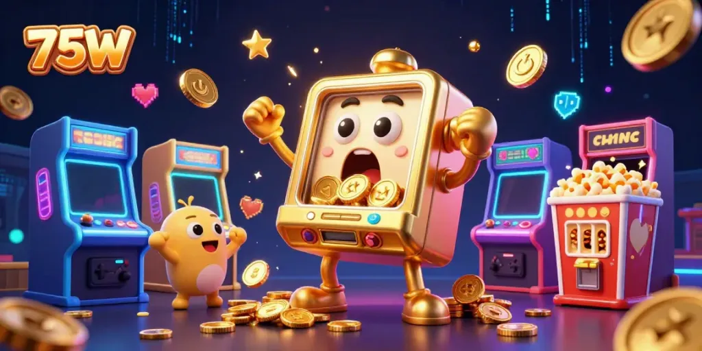 75W slot machine celebration with coins overflowing and cheering characters in a vibrant casino scene.