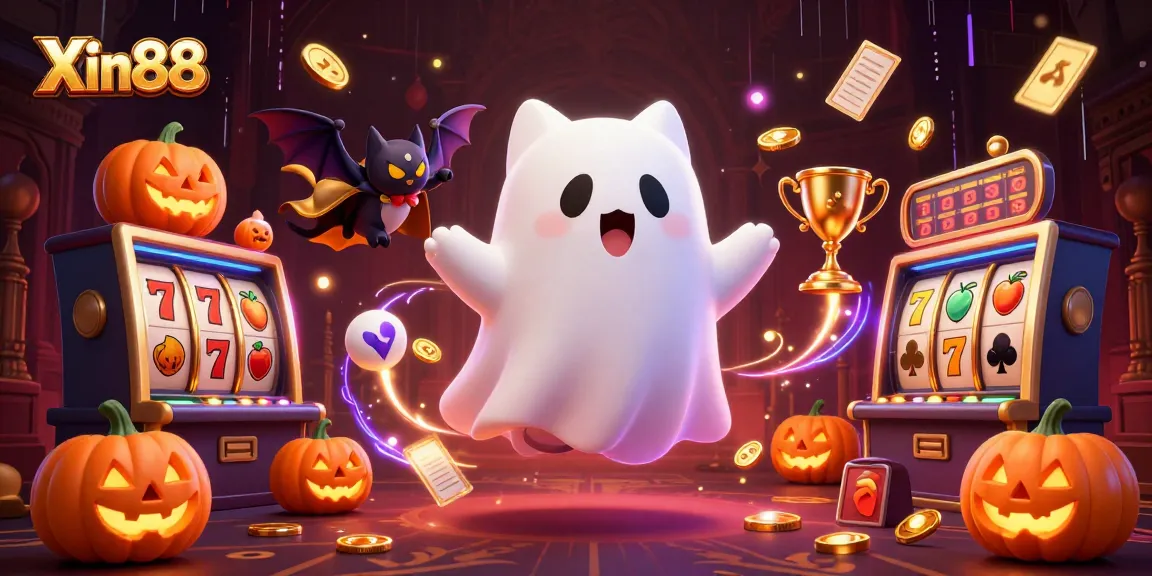 Win big with Xin88 in a lively haunted casino scene featuring playful ghost cat and glowing jack-o-lanterns.