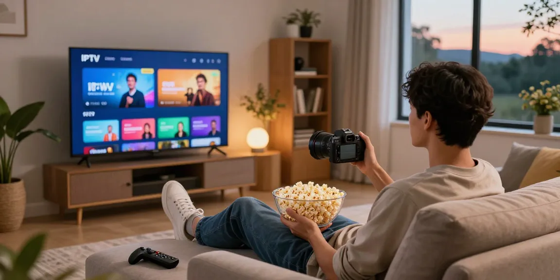 A pessoa aproveitando o IPTV em uma sala de estar estilosa, relaxando com pipoca e iluminação aconchegante.