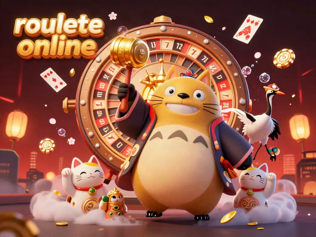 Experience the thrill of roullete online with a lively 3D casino scene filled with lucky symbols and vibrant characters.