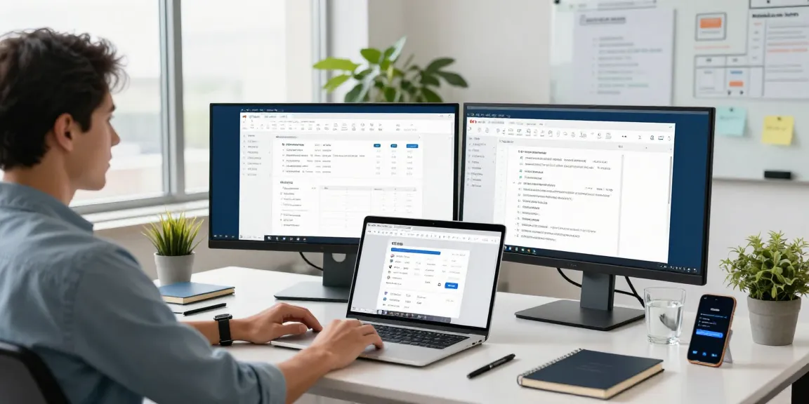 Download WPS Office in a modern workspace with screens displaying productivity tools, creating an engaging professional atmosphere.