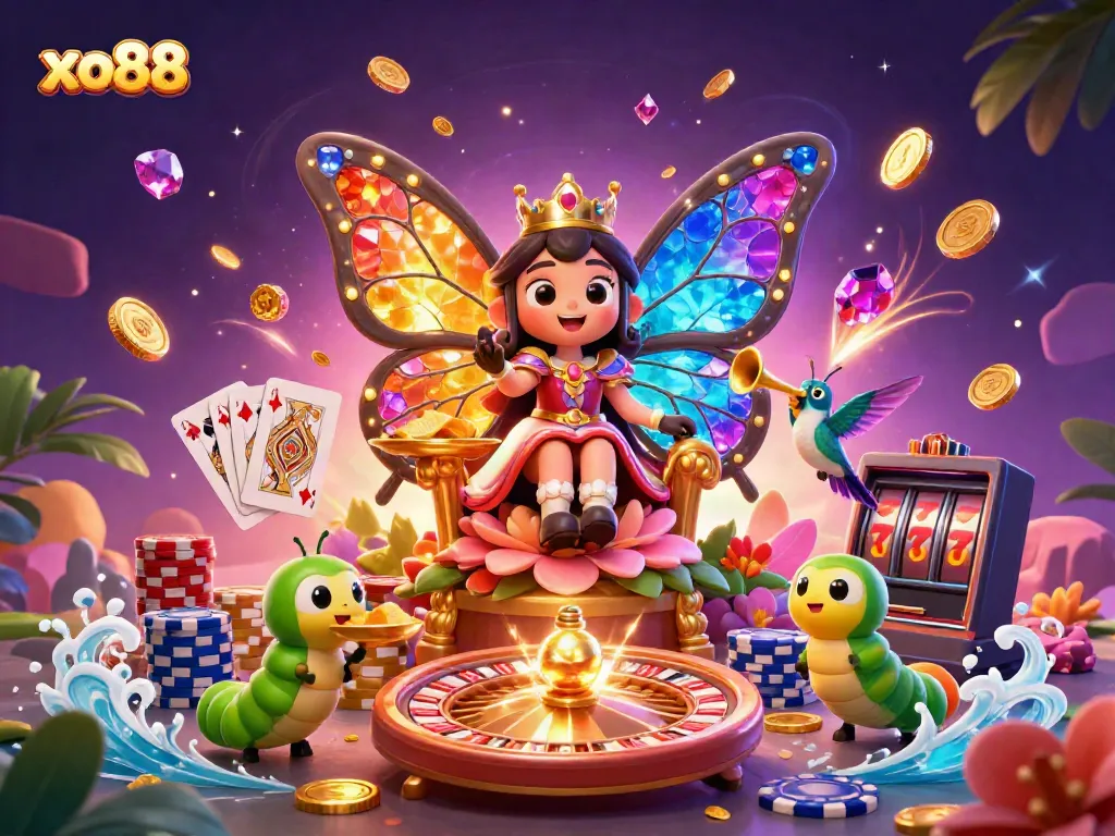 Experience excitement at xo88 with a vibrant scene showcasing a butterfly queen and gaming elements.