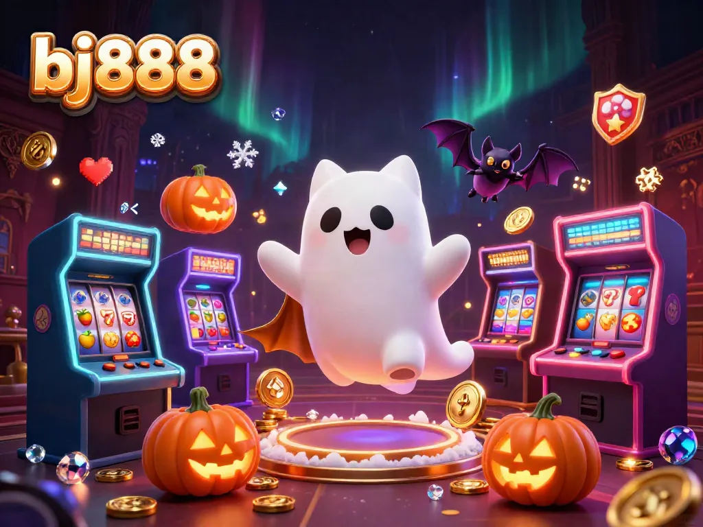 Engage with bj888’s exciting haunted casino adventure featuring a floating ghost cat and vampire bat.