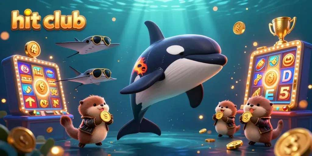 Engage in the hit club experience with an orca, stingray, and otters amidst spinning slots and golden coins.