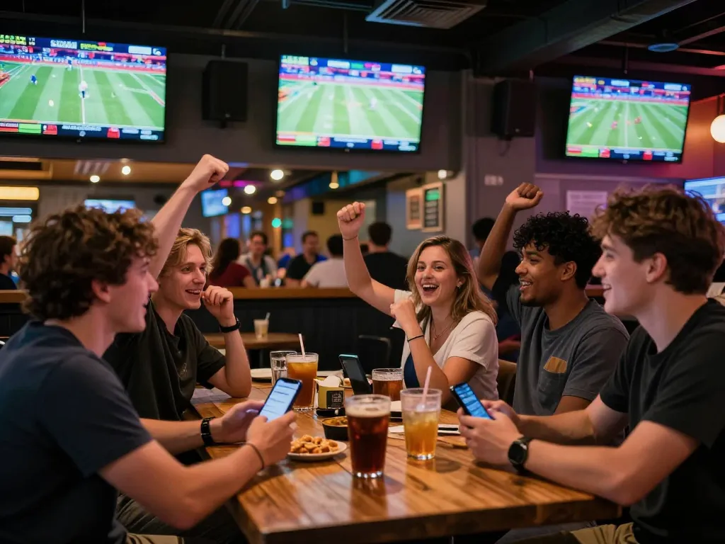 Fans enthusiastically placing bets at 789win while watching live sports on screens in a vibrant atmosphere.