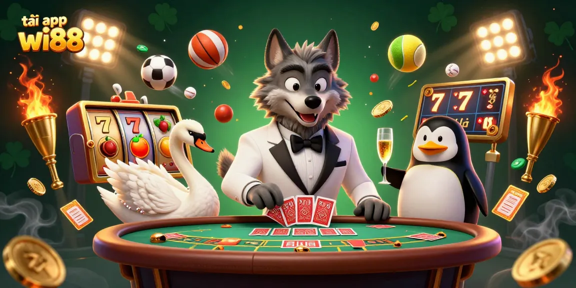 Engage in thrilling gaming with tải app wi88, featuring vibrant characters at a baccarat table surrounded by lively casino elements.