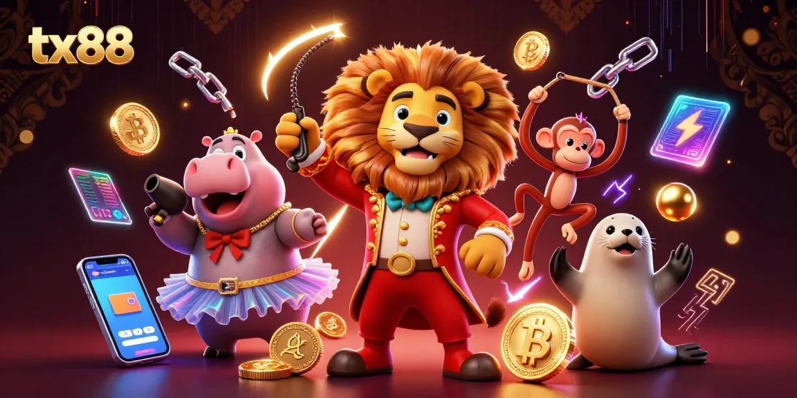 Engage in thrilling gaming at tx88 with animated circus characters and vibrant crypto elements.