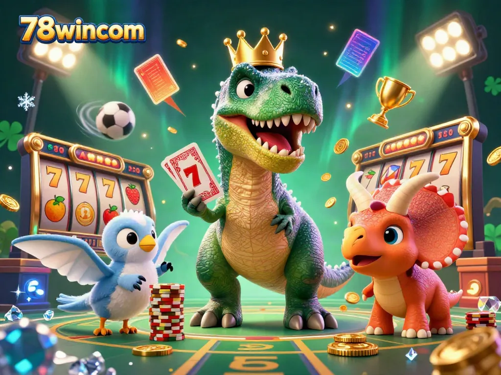Enjoy thrilling games with 78wincom, featuring a T-Rex shuffling cards and dinosaurs in a casino setting.