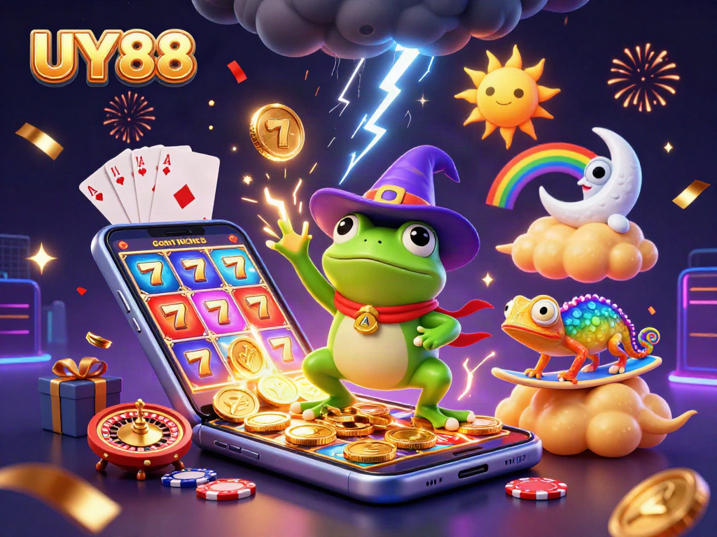 Experience the thrill of UY88 slots with a magical storm of coins and colorful casino elements.