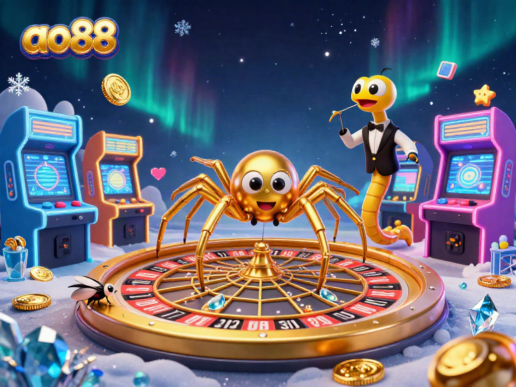 ao88 offers exciting betting as a golden spider spins a roulette web in this vibrant scene.