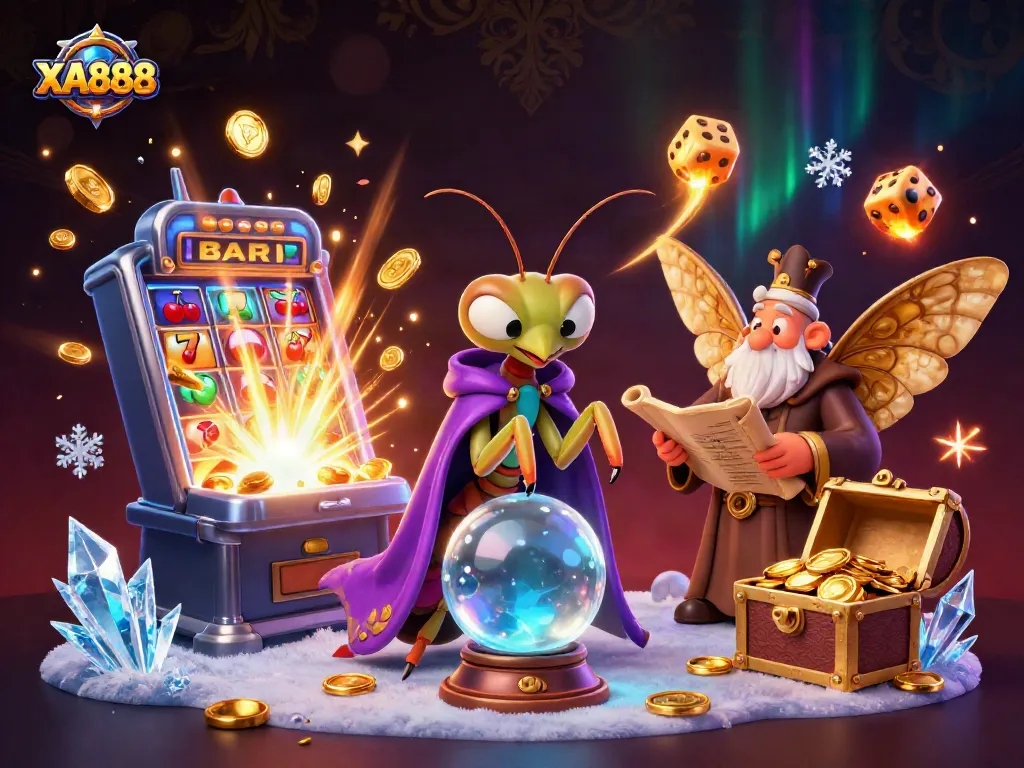 Experience the excitement of XA888 with a mystical fortune teller and colorful casino elements.