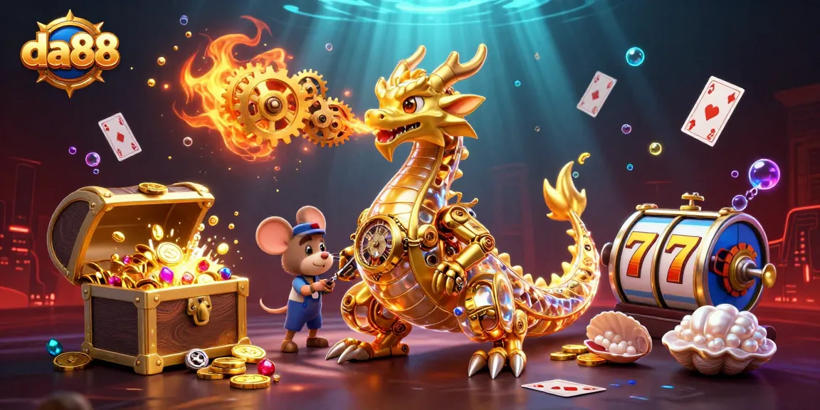 Experience da88's excitement with a golden dragon, slot reels, and vibrant game elements.