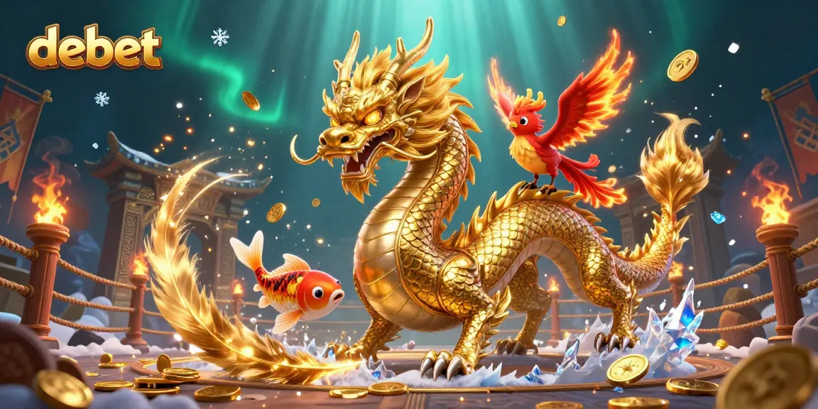 Experience the excitement of debet with a dynamic casino scene featuring a golden dragon, phoenix, and koi fish.