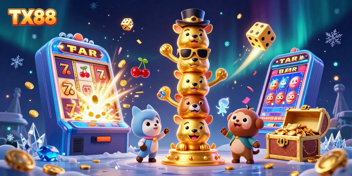 Experience immersive gaming with TX88's vibrant slot machine and animated totem scene