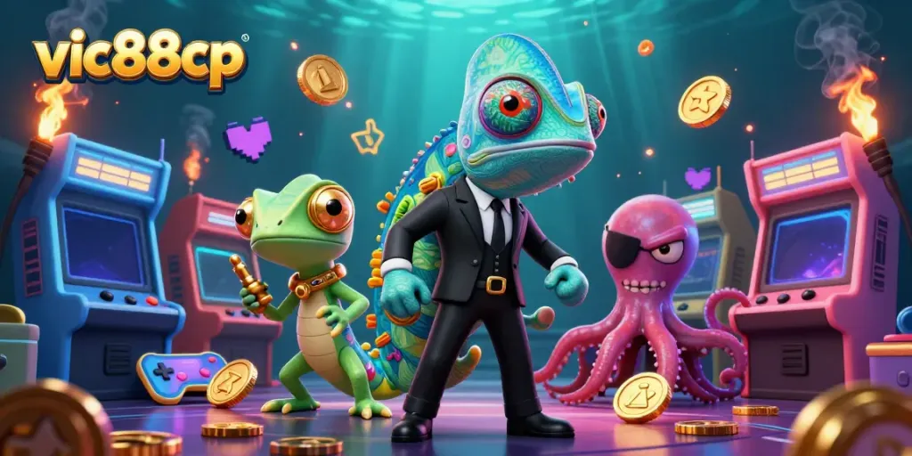 Play and win at vic88cp with colorful characters and dynamic gaming elements in a vibrant casino scene.