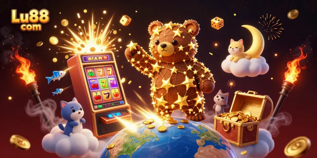 Experience thrilling gaming at Lu88 com with jackpot winnings, vibrant visuals, and captivating characters.