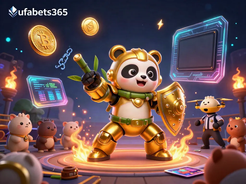 Experience thrilling action in ufabets365 with a mech-suit panda battling in a dynamic casino arena full of crypto elements.