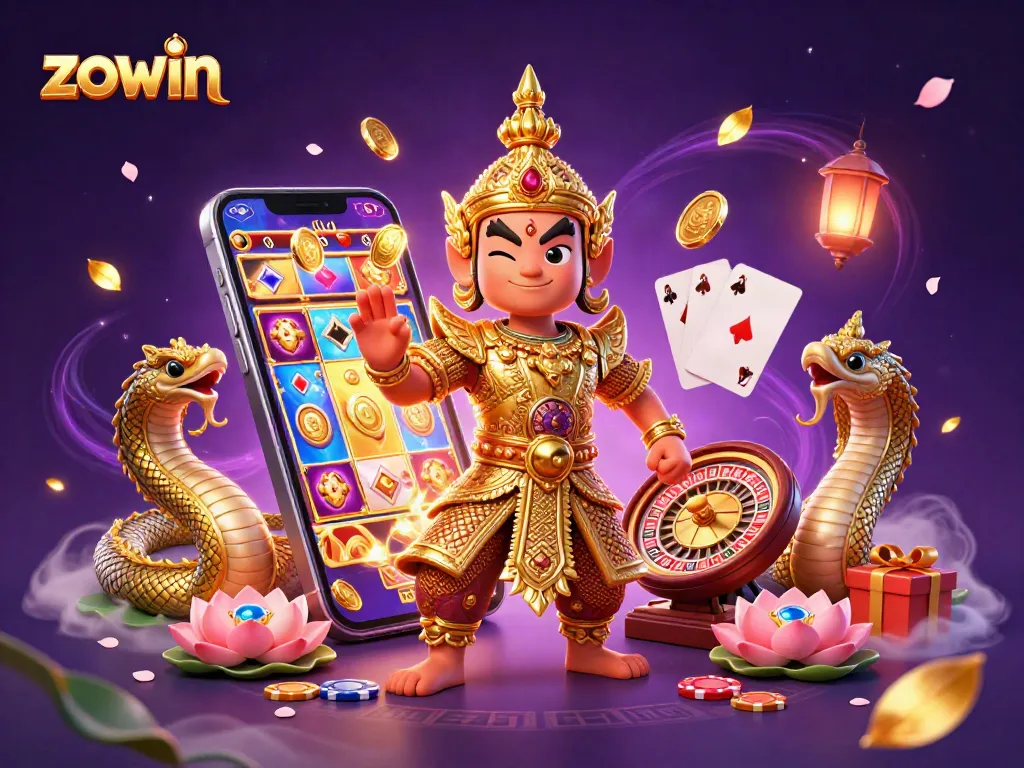 Zowin players enjoying spinning slot reels and winning big in an engaging casino scene.