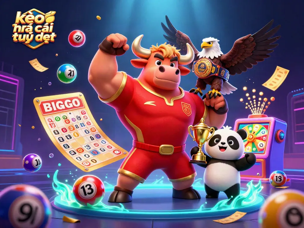 Experience kèo nhà cái trực tiếp with dynamic characters and vibrant gambling elements in 3D illustration.