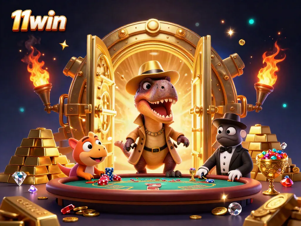 Experience the thrill of 11win with a colorful, dynamic 3D casino scene highlighting card games and treasures.