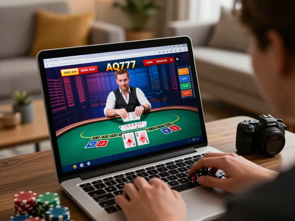 Uma pessoa jogando blackjack online na AQ777 a partir de um ambiente aconchegante em casa.