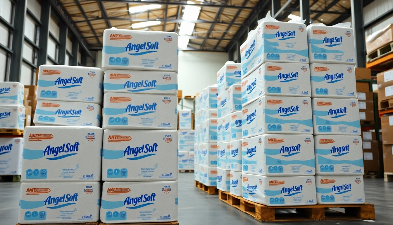 Showcase Angel Soft Toilet Paper Pallets stacked neatly in a bright warehouse.