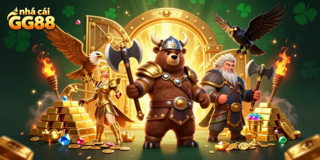 Experience exciting moments at nhà cái GG88 with this vibrant illustration featuring characters amidst golden treasures.