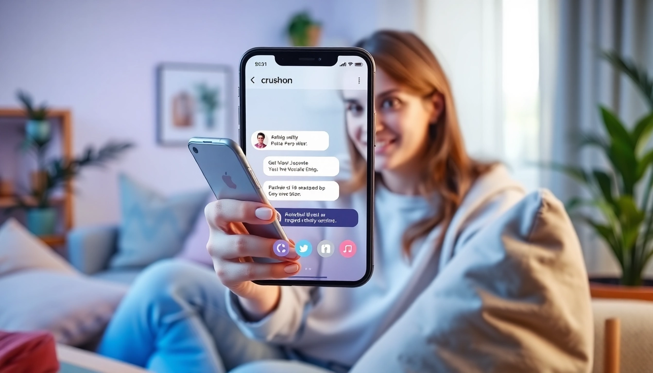 Engaging with the Crushon AI chat interface on a smartphone in a cozy living room.