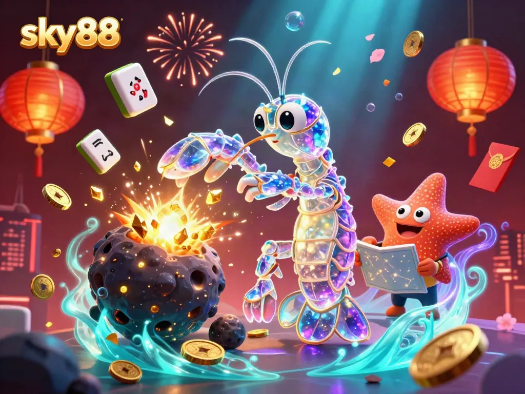 Sky88's thrilling online casino scene with a samurai mantis shrimp breaking asteroids for coins and gems.