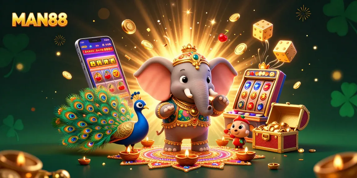 Experience thrilling gaming with MAN88 in this vibrant 3D illustration showcasing a jackpot slot machine and festive characters.