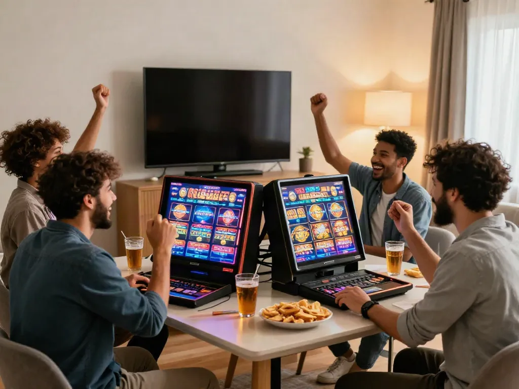 Celebrando jogos de Slot online em um ambiente acolhedor com amigos.