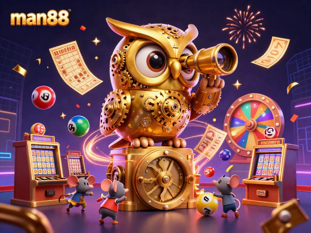 Join the excitement at man88 with vibrant 3D characters and casino elements creating a lively atmosphere.