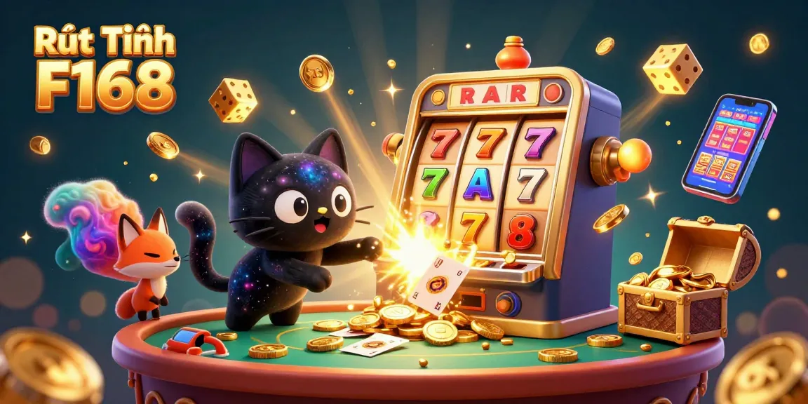 Engage in Rút Tiền F168 with a striking cosmic casino scene featuring a black hole cat and vibrant game elements.