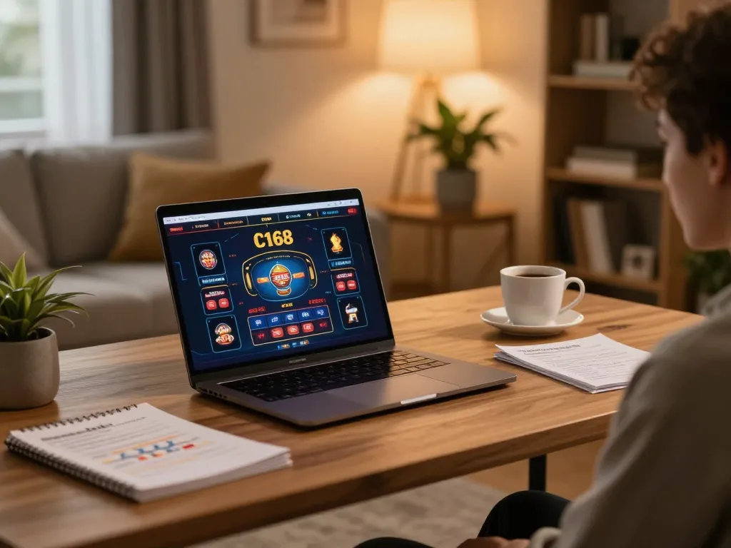 Player engaging with C168 online casino platform on laptop, showcasing strategic betting and comfortable gaming setup.