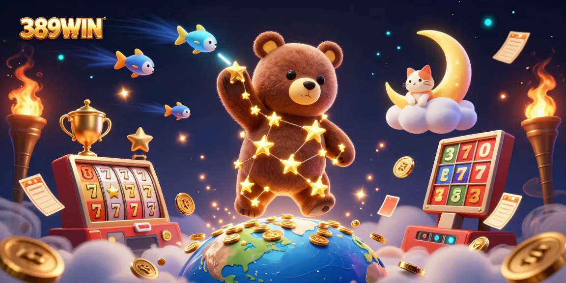 Experience thrilling wins with 389WIN, featuring animated slots, golden coins, and majestic characters.