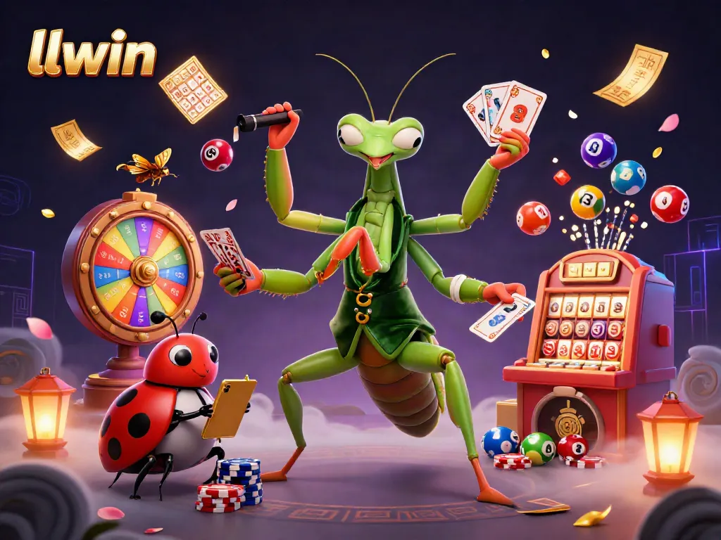 llwin casino illustration features a giant mantis card sharp managing a lively gaming scene with colorful lottery and casino elements