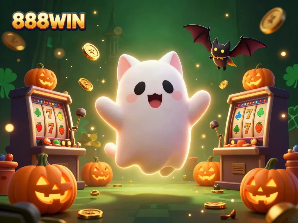 Experience thrilling casino excitement with 888WIN's playful ghost characters in a haunted setting.
