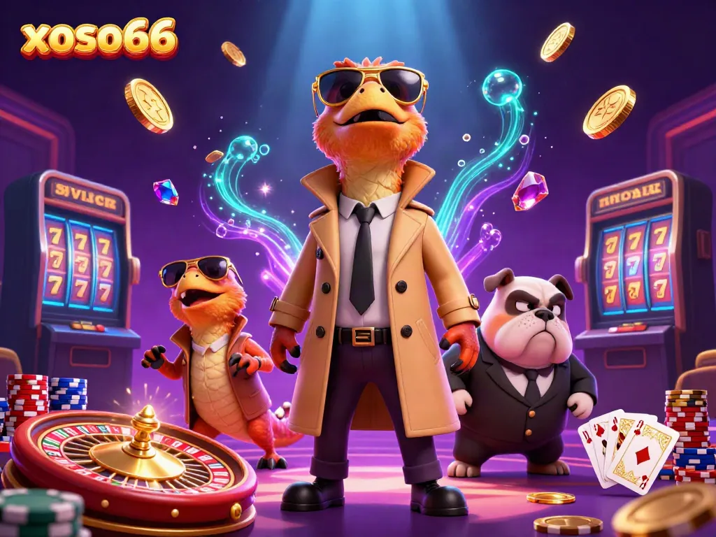 Experience excitement at xoso66 as three animated raptors cleverly disguise themselves to access a VIP casino lounge.