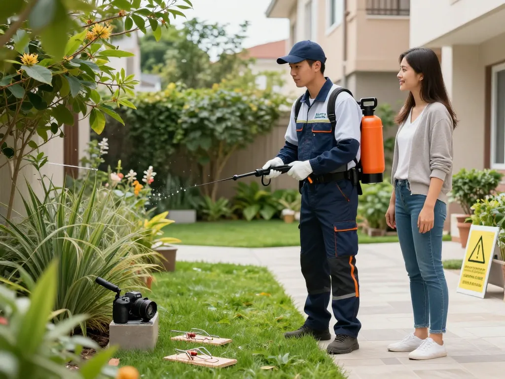 Dedicated Dedetizadora technician applying eco-friendly pest control solutions in urban backyard, ensuring effective pest management.